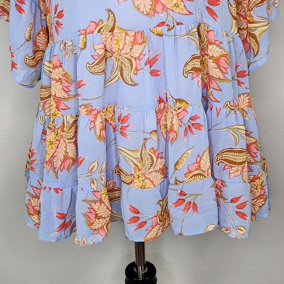 F21 Honstee Blue Floral Tiered Ruffle Flutter Sleeve Babydoll Blouse Size Large - Picture 3 of 12
